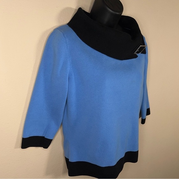 MEDIUM VINTAGE BLUE BLACK COWL NECK KNIT TOP STRETCH 3/4 SLEEVE RETRO - Picture 7 of 10
